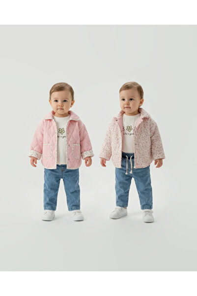 Mini Baray Kız Bebek Mevsimlik 3'lü Kombin - Çift Taraflı Kapitone Montlu Kot...