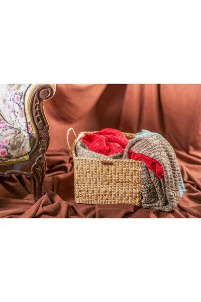 El Yapımı Doğal Hasır Kulplu Kare Sepet 30x30x24 cm Çok Amaçlı Organizer Hediyelik