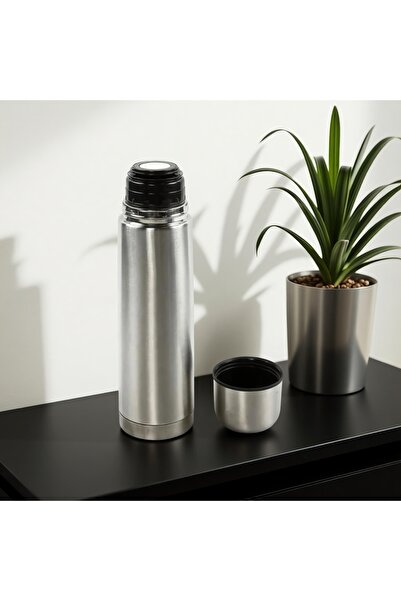 OEM Stainless steel thermos, lid with cup function, silver, 0.5L