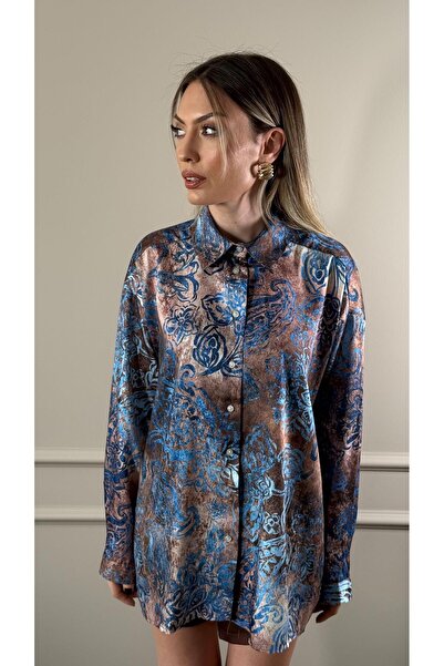 Duya Butik KAHVERENGİ MAVİ SATEN GÖMLEK