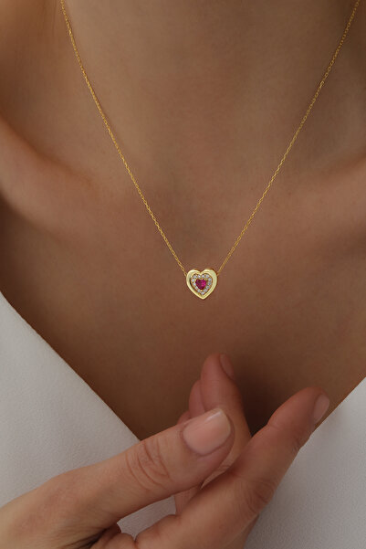 SUNSHINE 925 Ayar Gümüş Gold Kaplamalı Kalp Tasarım Ruby Taşlı Kolye