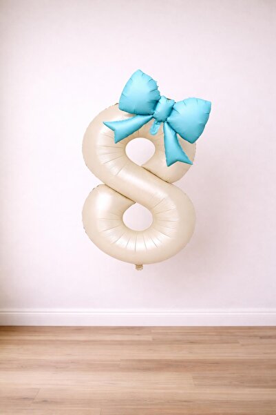 Patladı Gitti Blue Bow & Cream Number 8 Foil Balloon Set