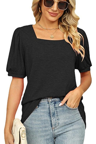 OEM Women's loose summer T-shirt, square neckline, short fringed sleeves, bla...