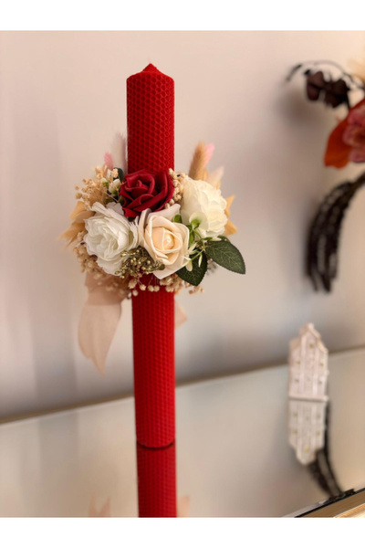 DecoHomeArt Lumânare decorativă roșie cu flori – Lumânare lucrată manual pent...