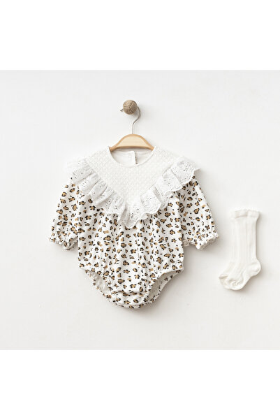 O Baby Dantel Yakalı Leopar Desenli Kız Bebek Tulum & Çorap Seti Romper | %10...