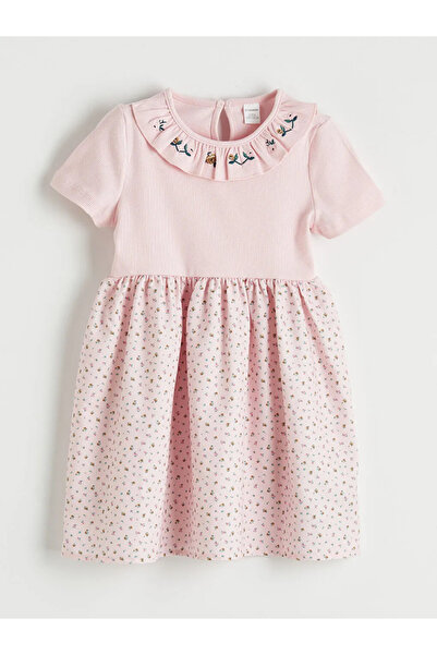 LC Waikiki Rochie cu volane pentru fetițe, cu broderie florală roz, LCW Kids