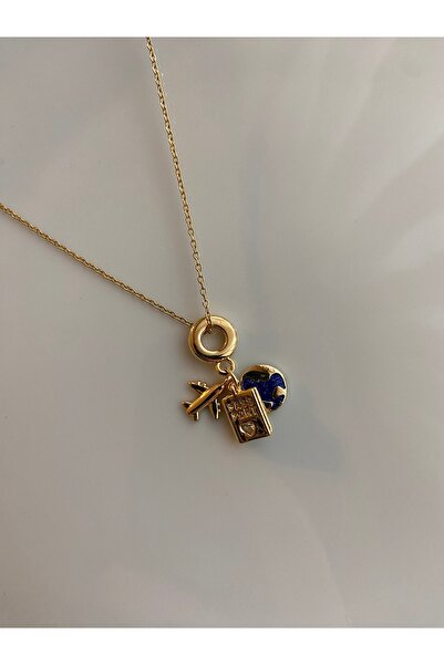 Anetta Jewelry Kadın altın renk dünya uçak charmlı Çelik kararmaz kolye