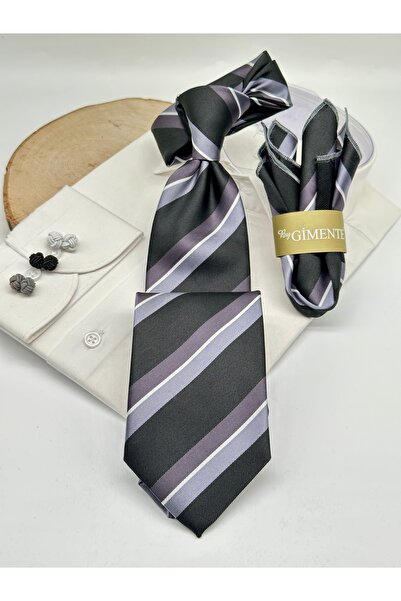 Gutiero Black and Gray Striped Classic Tie with Handkerchief