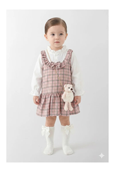 Mini Baray Girl's Brown Plaid Gilet Dress Set - Rose