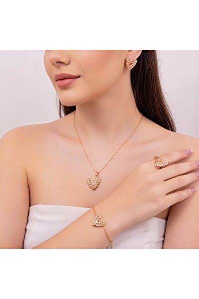 unbranded طقم مجوهرات أنيق على شكل حرف V باللون الذهبي – قلادة، أقراط، خاتم و...