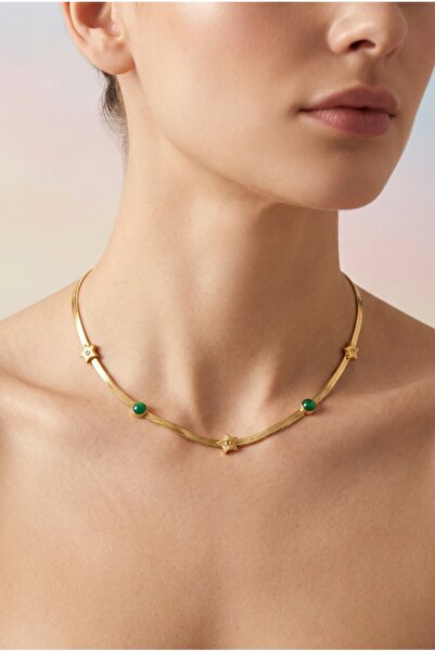 staınless steel Zarif Opal Taşlı Yıldız Detay Altın Kadın Çelik Kolye