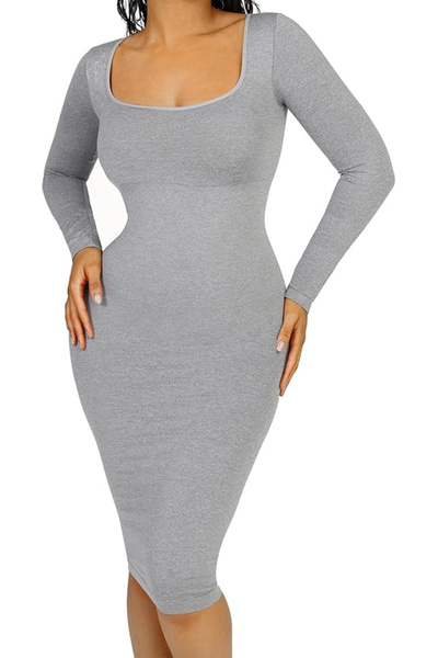 FeelinGirl Rochie compresivă, mulată, lungă, cu decolteu pătrat, gri XL