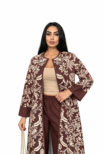 WellWay Atlas Fabric Tunic Shirt & Pants 2-Piece Set-Brown Floral-25112