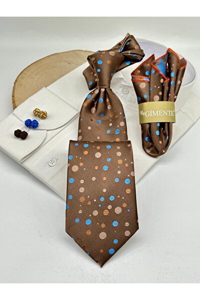 Gutiero Light Brown Polka Dot Classic Tie with Handkerchief