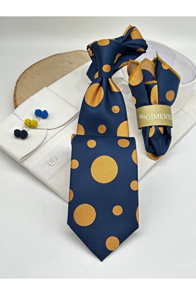 Gutiero Navy Blue Gold Polka Dot Classic Tie with Handkerchief