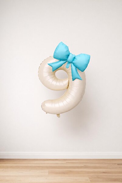 Patladı Gitti Blue Bow & Cream Number 9 Foil Balloon Set
