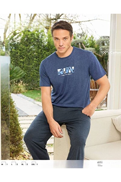 İpek Men's Short Sleeve Crew Neck 100% Cotton Pajama Set