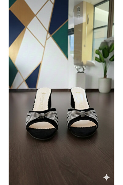 DARUGA Women's Black Stone Bow Design Luxury Heeled Slippers