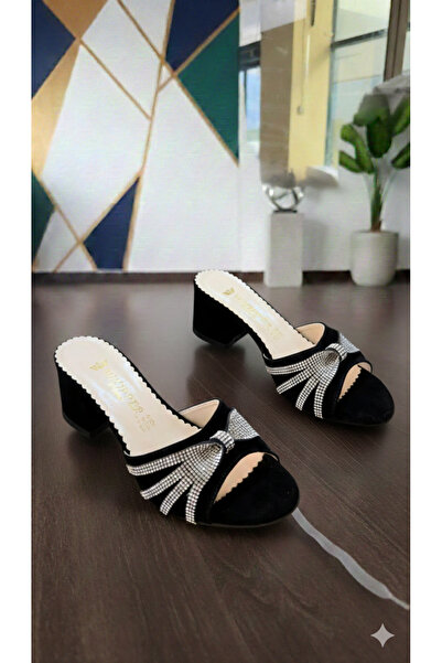 DARUGA شبشب نسائي من جلد الغزال الأسود بكعب سميك ونقشة حجرية أنيقة للغاية