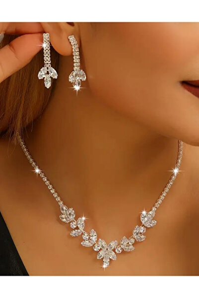 Parspera Yaprak Model Kristal Taşlı Gümüş Kaplama Takı Seti - Nişan Düğün Dav...