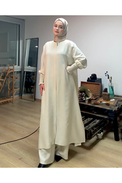 Anatolye Krem Pantolonlu Ferace Takım/ Aerobin Pamuklu Keten Kumaş