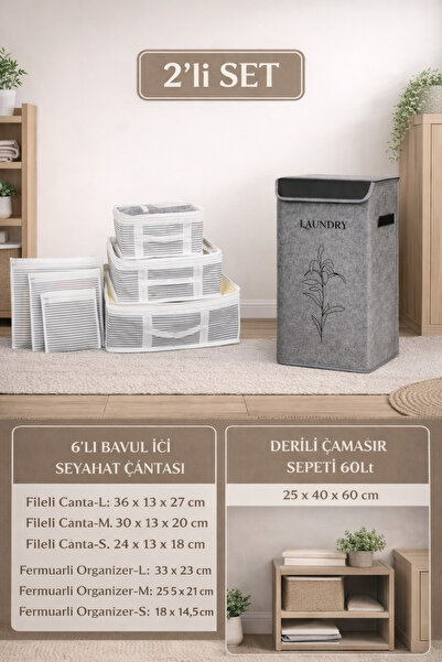 PONÇİK BEBEK Leather Single Compartment Dirty Laundry Basket + Set of 6 Organ...