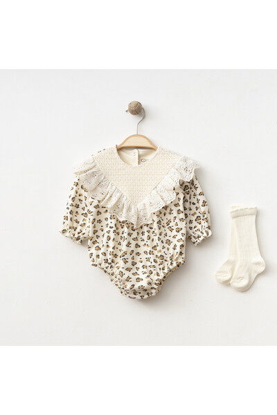 Dantel Yakalı Leopar Desenli Kız Bebek Tulum & Çorap Seti Romper | %100 Pamuk Uzun Kollu Bebe Body