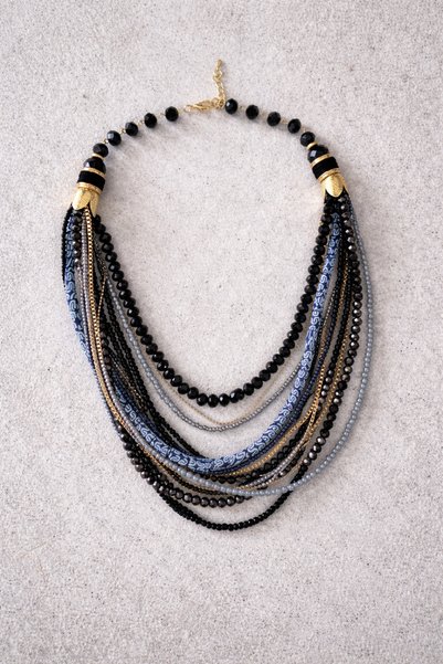 Owentis Black Crystal Beaded Layered Design Laure Necklace