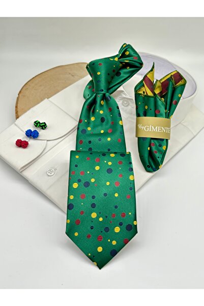 Gutiero Green Polka Dot Classic Tie with Handkerchief
