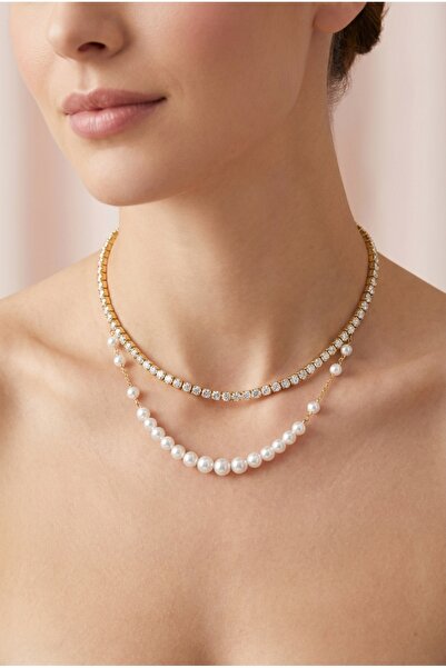 staınless steel Zarif İnci Detaylı Zirkon Taşlı Su Yolu Kadın Çelik Kolye