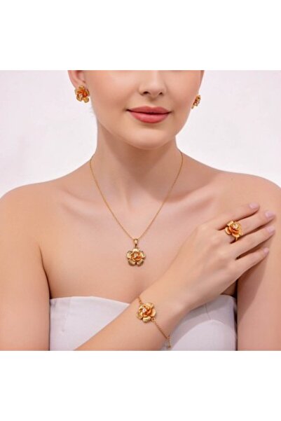 unbranded طقم مجوهرات أنيق باللون الذهبي مزين بالزهور - قلادة، أقراط، خاتم وسوار