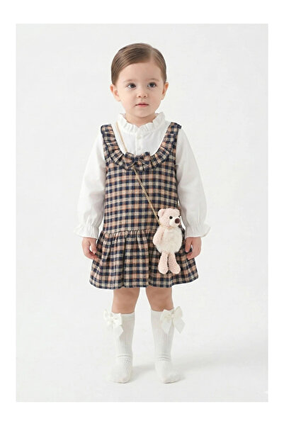 Mini Baray Girl's Brown Plaid Gilet Dress Set - Black
