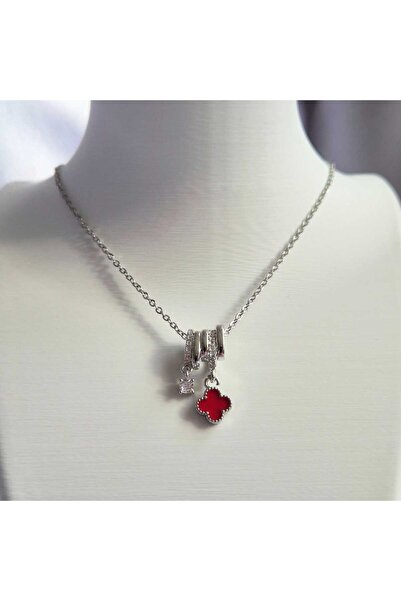 MY ESTA JEWELRY ÇELİK KIRMIZI SEDEFLİ YONCA KOLYE