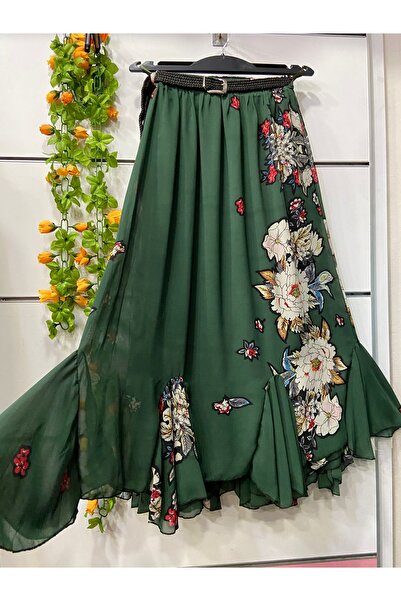 edu collection Patterned Chiffon Skirt with Flounce, Lined, Belt Included, Gi...