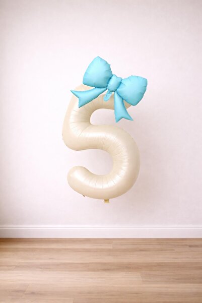 Patladı Gitti Blue Bow & Cream Number 5 Foil Balloon Set