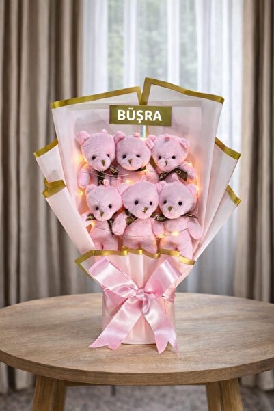 hediye Kişiye Özel Led Işıklı Pembe Peluş Ayıcık Buketi Ayıcıklı Peluş Buket