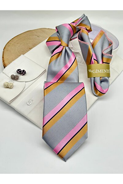 Gutiero Gray Pink Striped Classic Tie with Handkerchief