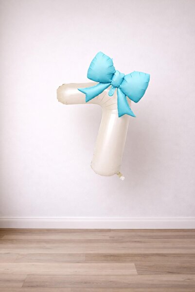 Patladı Gitti Blue Bow & Cream Number 7 Foil Balloon Set