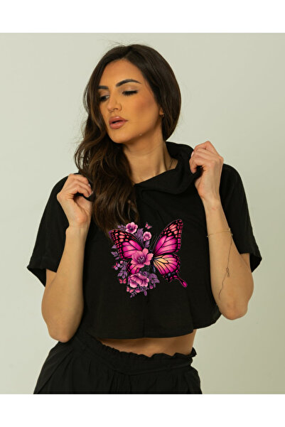 SUNFREE Trend Mix Mixed Printed Hooded Short Sleeve Women's Black Crop Tshirt