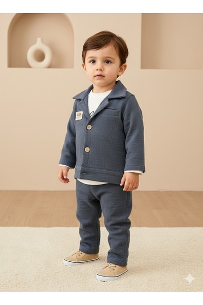 PARK BEBE Baby Boy Muslin Fabric Set 3 Pieces Organic Jacket Shirt Elastic Wa...