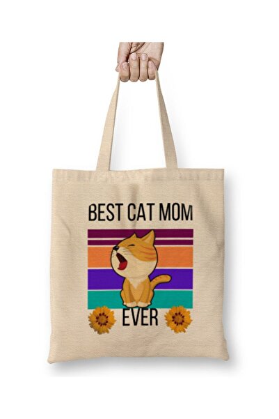 Toyaso Best Cat Mom Mother's Day White Tote Bag Long Handle Shopping Bag Beac...