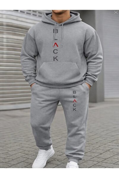 YK WEAR SET TRENING CU GLUGĂ CU IMPRIMEU NEGRU PENTRU FEMEI / BĂRBAȚI