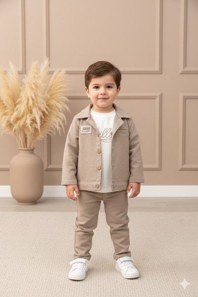 PARK BEBE Baby Boy Muslin Fabric Set 3 Pieces Organic Jacket Shirt Elastic Wa...