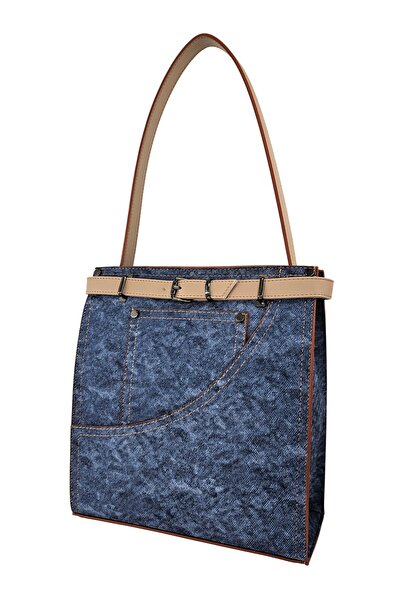 Evident Cream Belted Jean-Look Women's Shoulder Bag with Pocket Detail