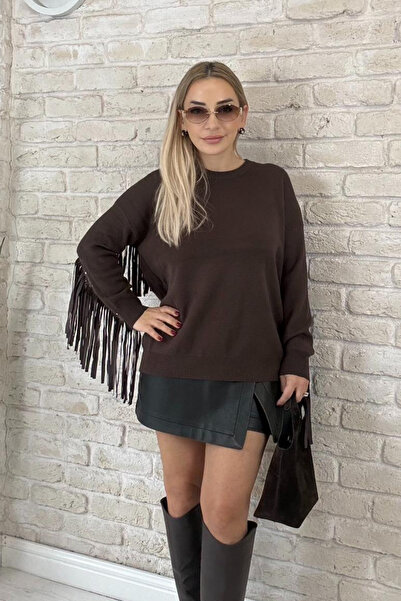 Muna Boutique Imported Coffee Self-Tasseled Women's Knitwear