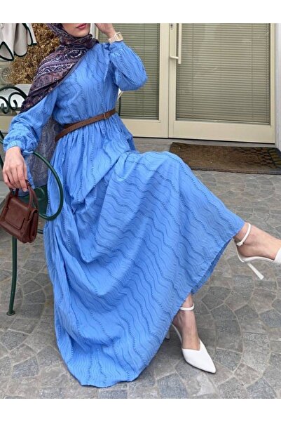 zem moda Lastikli Bel Dokulu Salaş Kesim Tesettür Elbise – Mavi