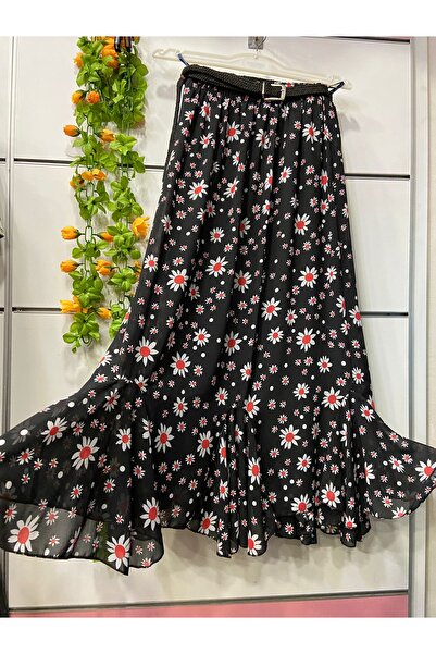 edu collection Patterned Chiffon Skirt with Flounce, Lined, Belt Included, Gi...