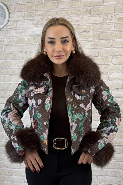 Muna Boutique Imported Fur Collared Brown and Floral Motif Coat