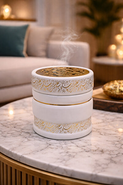 Generic مبخرة سيراميك فخمة أبيض مع ذهبي – لمسة راقية لطاولة المجلس