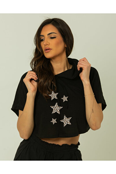 SUNFREE Trend Mix Mixed Printed Hooded Short Sleeve Women's Black Crop Tshirt